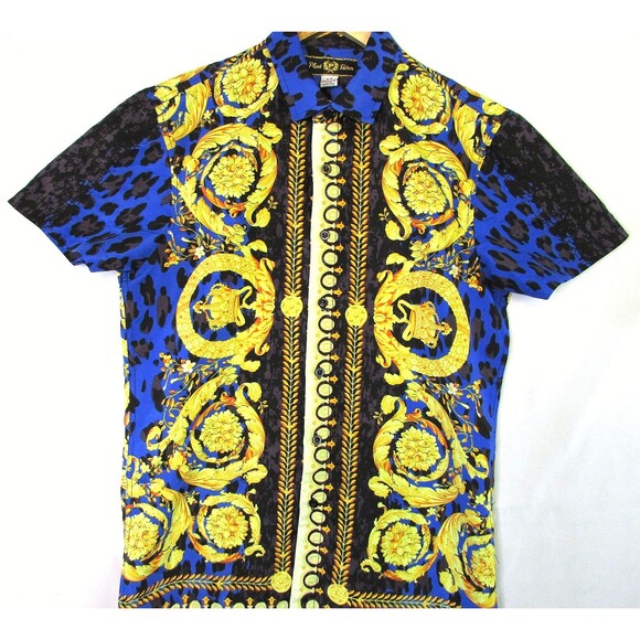 Phat Farm Shirt Mens Small Blue Black Baroque Leopard Short Sleeve Button Front - Picture 1 of 11